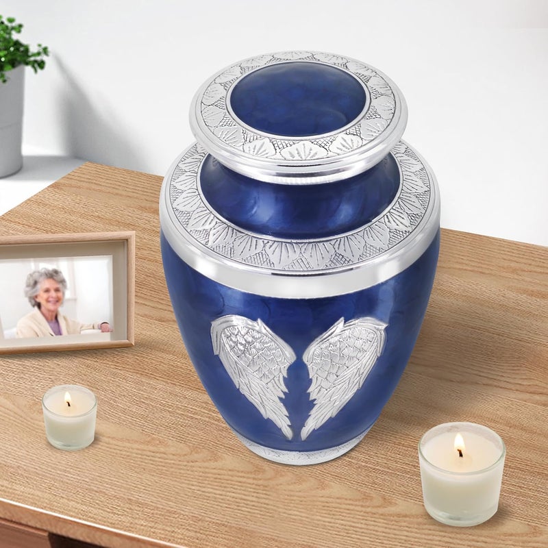 M MEILINXU Urns for Human Ashes Adult Man & Women, Cremation Urn for Ashes Adult Male & Female, Burial Urn, Decorative Urns for Funeral, Silver Engraved Angel Wings, Dark Blue and Silvery - Large - Image 5